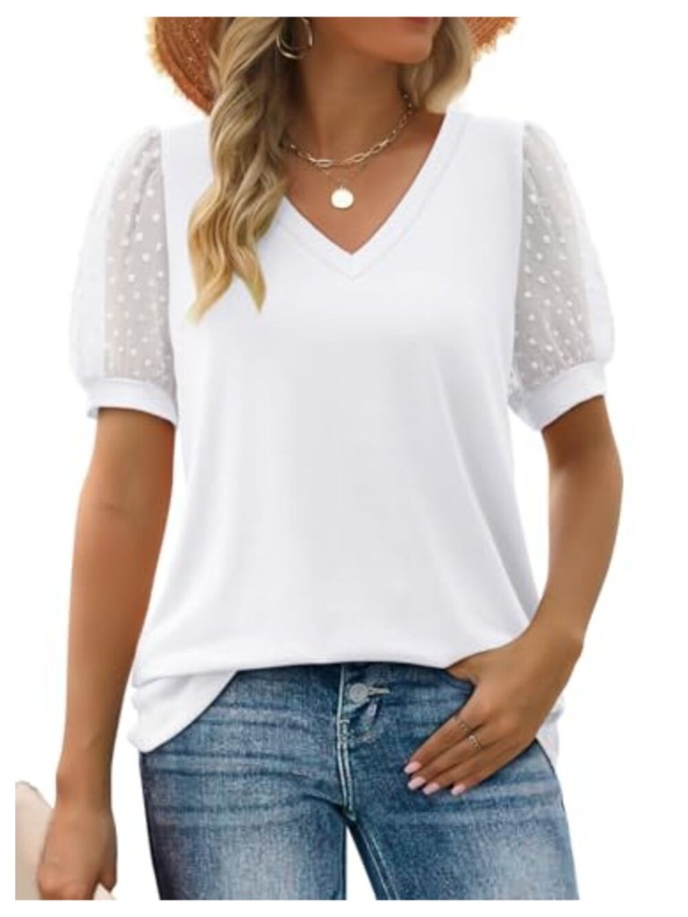 Womens Loose Casual V Neck Swiss Dot Puff Sleeve T Shirt Tee